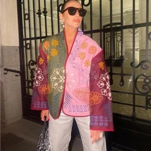 Zara Embroidered Boho Chic Jacket Coat Quilted Multicolor XS Oversized Floral - Picture 1 of 9